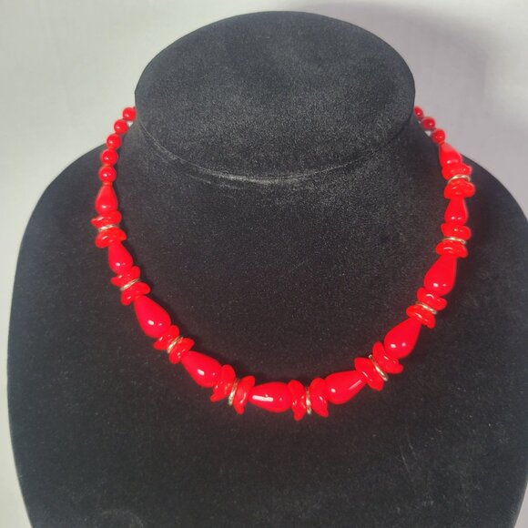Vintage Western Germany Red Glass Beaded Necklace With Gold-Tone Accents - Picture 1 of 4